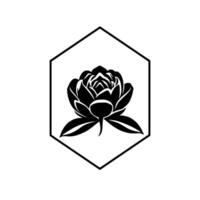 Minimalist Black Peony Flower Silhouette Within a Hexagonal Frame, Clean , Decorative Emblem. vector