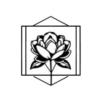 Intricate black and white geometric illustration showcasing a stylized lotus flower within a square and geometric frame, a symbol of purity. vector