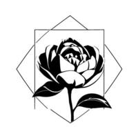 Illustration of a Peony Flower in Black and White, Enclosed in a Geometric Square and Diamond Frame on a White Background. vector