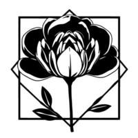 Black and white floral illustration of a stylized peony within a geometric square and diamond frame, minimalist, modern, and . vector