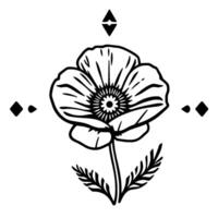 Minimalist Black and White Poppy Flower with Geometric Accents and Botanical on White Background vector