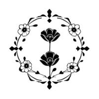 Elegant Floral Crest Symmetrical Black and White Illustration Featuring Poppies and Decorative Botanical Wreath. vector