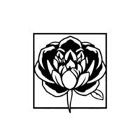 Bold black and white floral illustration of a peony within a square frame, evoking simplicity and elegance. vector