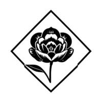Black and white stylized floral illustration inside a diamondshaped frame, featuring a blooming flower, leaves, and a geometric aesthetic. vector