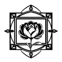 Ornate black and white floral emblem featuring a stylized rose within a geometric frame, evoking a decorative art style. vector