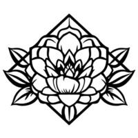 Intricate Black and White Lotus Flower within a Diamond Frame Featuring Detailed Petals and Leaf Elements, Geometric and Decorative. vector