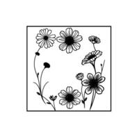 Delicate Black and White Floral Arrangement in Square Frame, Featuring Daisies and Botanical Elements, Minimalist Art. vector