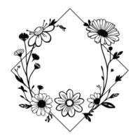 Intricate Black and White Floral Frame, featuring various daisylike blossoms, leaves, and delicate stems, arranged within a geometric diamond shape, creating an elegant border . vector