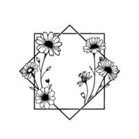 A geometric floral illustration of daisies framed within a diamond and square outline in a monochromatic style. vector