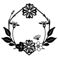 Intricate Black and White Floral Frame A Geometric Arrangement of Flowers, Leaves, and Delicate Details in Minimalist Style. vector