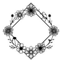 A Geometric Floral Frame Featuring Daisies, a Bird, and Minimalist Botanical Elements in a Black and White Outline. vector