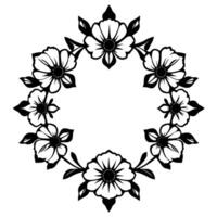 Elegant black and white floral frame , featuring stylized blossoms and leaves arranged in a symmetrical, circular pattern with a classic, minimalist aesthetic. vector