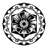 Intricate Black White Floral Mandala Flower within a Square Inside a Circle with Decorative Vine Elements vector