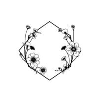 Geometric Floral Frame Minimalist black and white botanical illustration featuring delicate flowers and leaves within a hexagonal outline. vector