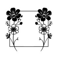 Elegant black and white floral frame with symmetrical arrangement of flowers and leaves, enclosed within a clean, square border. vector