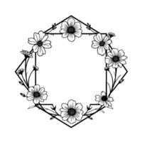 Floral Frame Geometric Black and White Daisy Wreath with Botanical Elements and Empty Central Space for Text. vector