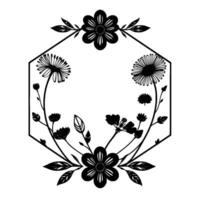 Intricate black and white floral frame , featuring diverse blooms and leaves, creating a delicate, botanical hexagon border. vector