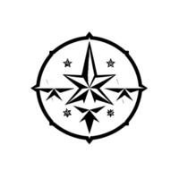 Abstract compass with radiating stars, concentric circles, and geometric patterns in grayscale on a white backdrop. vector