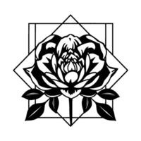 Black and White Floral Emblem A symmetrical peony enclosed within a geometric square and diamond frame, featuring detailed petals and leaves. vector