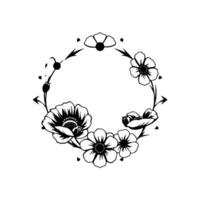 Black and white illustration of an elegant floral wreath, comprised of stylized poppies, buds, and delicate leaves, arranged in a circular pattern. vector