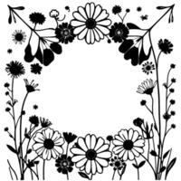 Intricate Black and White Floral Border Featuring Daisies, Wildflowers, and Foliage Surrounding a Central Empty Space. vector