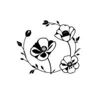 Intricate Black and White Floral Wreath Stylized Poppy and Bud Arrangement on a Clean White Background, Minimalist . vector