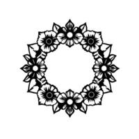 A symmetrical black and white floral wreath illustration, featuring detailed flower and leaf patterns arranged in a circular frame with a white center. vector