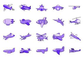 A set of different airplane icons in purple vector