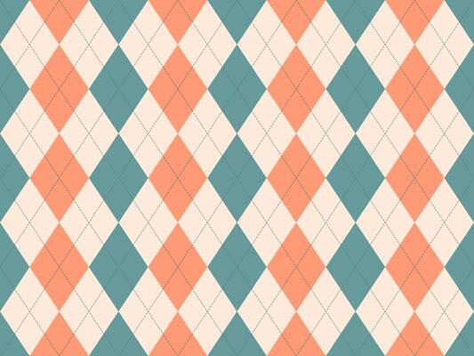 Elegant argyle pattern in pastel peach, teal, and cream. Perfect for backgrounds, textiles, or retrothemed designs. This seamless texture offers a sophisticated and timeless aesthetic.