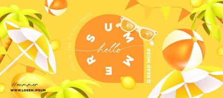 Summer web party poster banner tropical beach vibes background with beach decoration vector