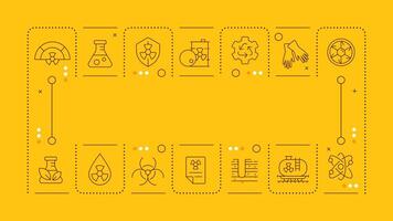 Nuclear waste management orange word concept. Dangerous radioactive supplies utilization. Horizontal image. Headline text surrounded by editable outline icons vector