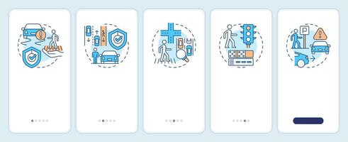 Pedestrian safety onboarding mobile app screen. Traffic system. Walkthrough 5 steps editable graphic instructions with linear concepts. UI, UX, GUI template vector