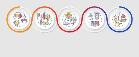 Pedestrian safety infographics circles sequence. Safe environment for traffic participants. Visualization layout with 5 steps. Info chart loop process presentation vector