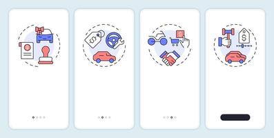 Auto dealer types onboarding mobile app screen. Walkthrough 4 steps editable graphic instructions with linear concepts. UI, UX, GUI template vector