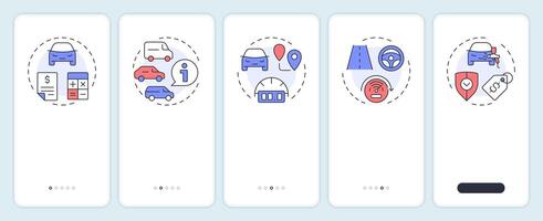 Car buying checklist onboarding mobile app screen. Walkthrough 5 steps editable graphic instructions with linear concepts. UI, UX, GUI template vector