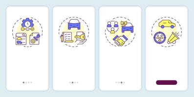 Dealer management system onboarding mobile app screen. Walkthrough 4 steps editable graphic instructions with linear concepts. UI, UX, GUI template vector