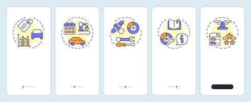 Vehicle evaluation criteria onboarding mobile app screen. Walkthrough 5 steps editable graphic instructions with linear concepts. UI, UX, GUI template vector