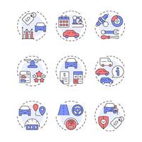 Car buying checklist multi color concept icons. Vehicle service, transport maintenance. Icon pack. Round shape illustrations for infographic, presentation. Abstract idea vector