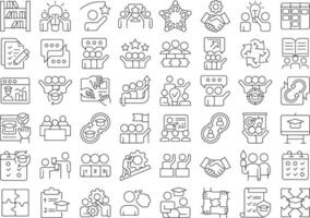 Cooperative learning linear icons set. Studying process organization, schedule. Team work, collaboration. Customizable thin line symbols. Isolated outline illustrations. Editable stroke vector