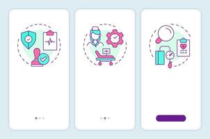 Types of utilization management onboarding mobile app screen. Walkthrough 3 steps editable graphic instructions with linear concepts. UI, UX, GUI template vector