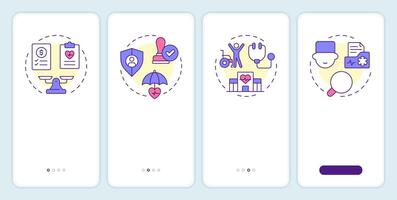 Benefits of utilization management onboarding mobile app screen. Walkthrough 4 steps editable graphic instructions with linear concepts. UI, UX, GUI template vector