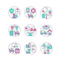 Utilization management multi color concept icons. Medical service regulation strategy. Healthcare service. Icon pack. Round shape illustrations for presentation. Abstract idea vector