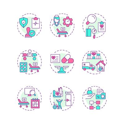 Utilization management multi color concept icons. Medical service regulation strategy. Healthcare service. Icon pack. Round shape illustrations for presentation. Abstract idea