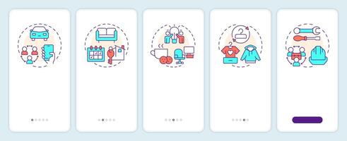 Sharing economy models onboarding mobile app screen. Walkthrough 5 steps editable graphic instructions with linear concepts. UI, UX, GUI template vector