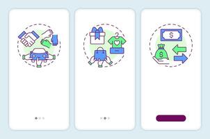 Types of sharing economy onboarding mobile app screen. Walkthrough 3 steps editable graphic instructions with linear concepts. UI, UX, GUI template vector