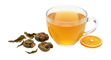 A cup of tea with an orange slice and a bunch of flowers png