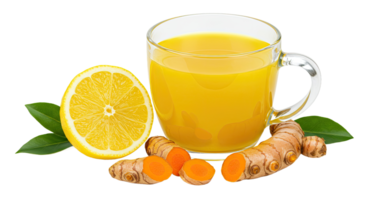 A Cup of Turmeric Tea With a Bright Golden-Yellow Color Accompanied by a Slice of Lemon and a Piece of Fresh Turmeric Root png