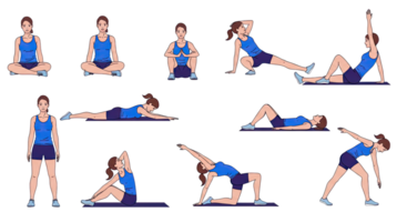 A woman doing various exercises on a black background png