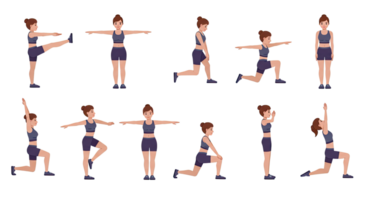 A woman doing various exercises in different poses png