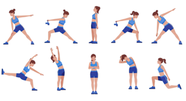 A woman doing various exercises in different poses on transparent background png